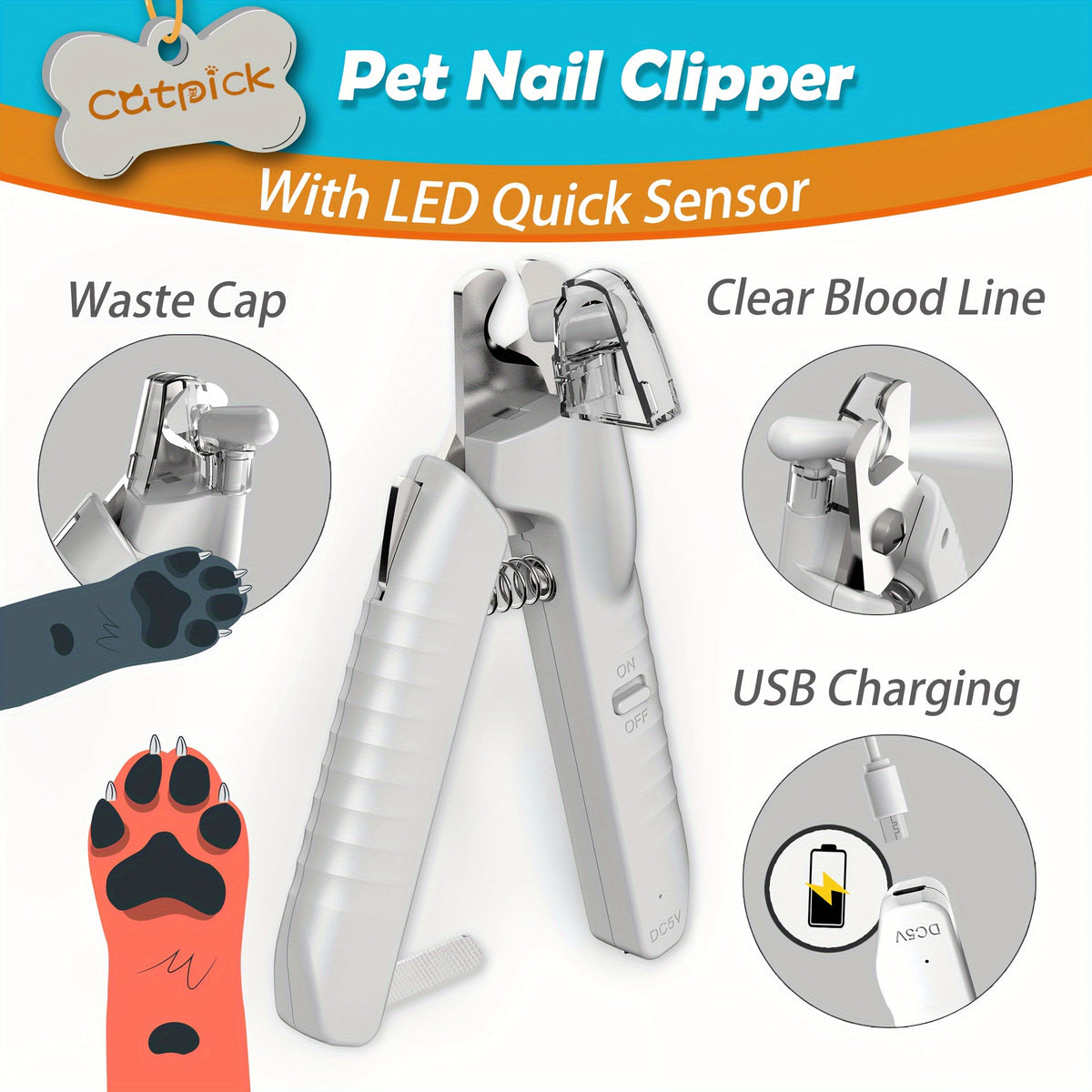 LED Dog Nail Clippers with Hidden File and Safety Lock, White Stainless Steel Blade Pet Nail Trimmer for Careful At-Home Dog and Cat Grooming