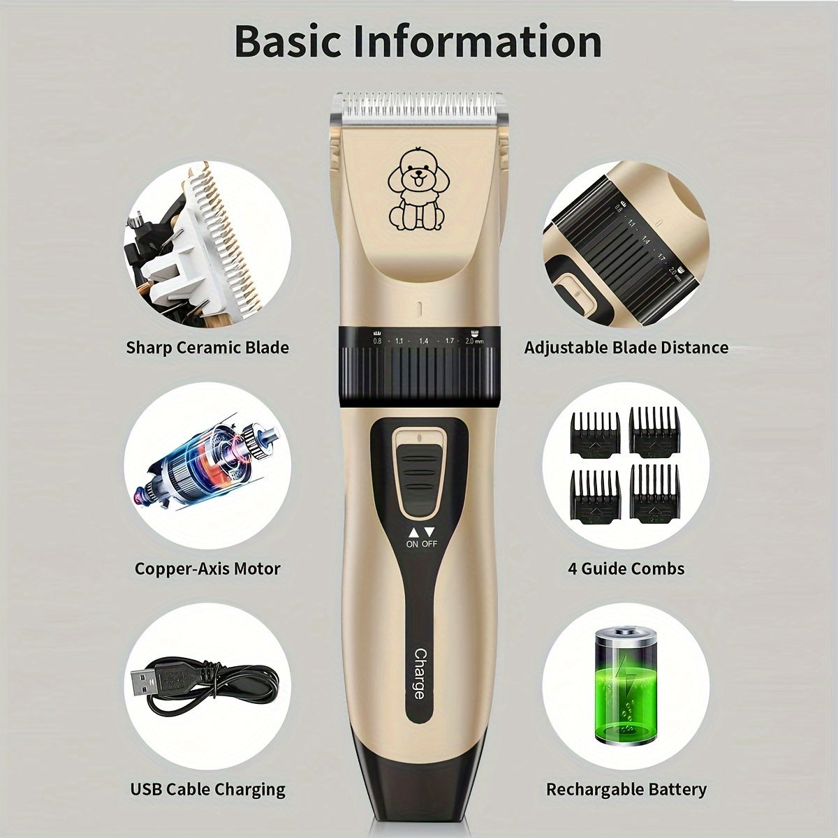 USB Rechargeable Dog Clippers with Ceramic Blades, Electric Pet Hair Trimmer for Cats and Dogs, Color Choices and Grooming Set Options
