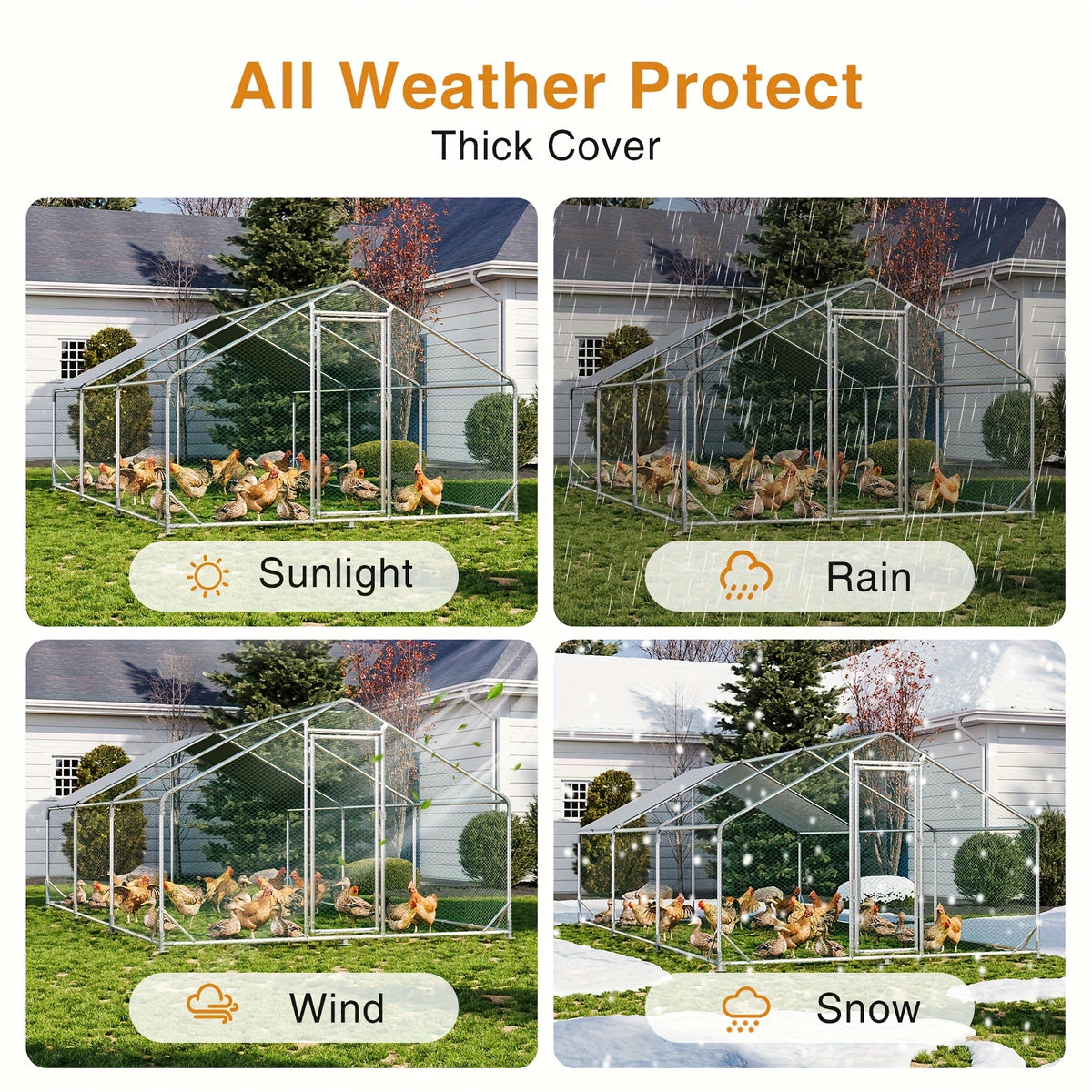 Chicken Coop with Winter Wrap Cover, Walk-In Galvanized Metal Poultry Run with Lockable Door for Backyard Hens and Ducks, White Size Options