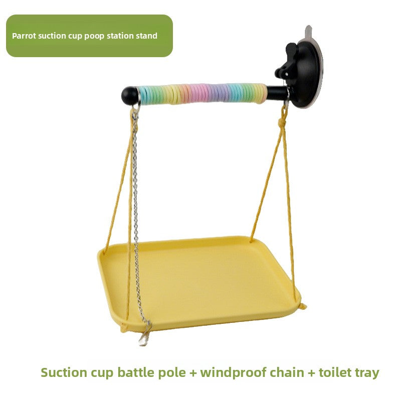 Bird Window Perch with Suction Cup, Parrot Stand with Waste Tray and Anti-Fly Chain, 3-Piece Set for Budgies, Parakeets and Cockatiels