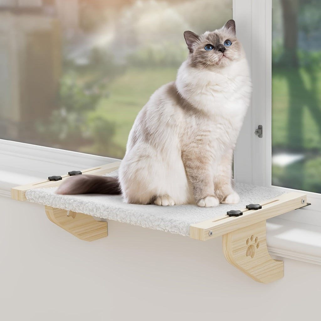 Cat Window Perch with Adjustable Wood and Metal Frame, Indoor Cat Hammock for Compatible Windowsills, Bedsides, Drawers and Cabinets