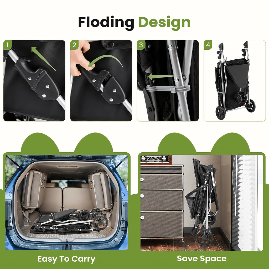 Pet Stroller with Swivel Front Wheel, Three-Wheel Foldable Dog and Cat Pushchair with Mesh Canopy, Storage Basket, Cup Holder and Weather Cover