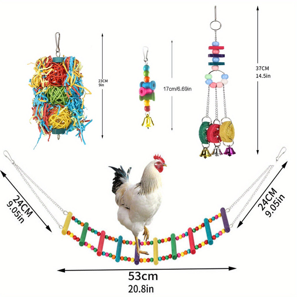 Chicken Enrichment Toys with Xylophone, Mirror, Ladder Bridge and Swing, 5 or 9 Piece Hanging Coop Accessory Sets for Backyard Hens and Poultry Play