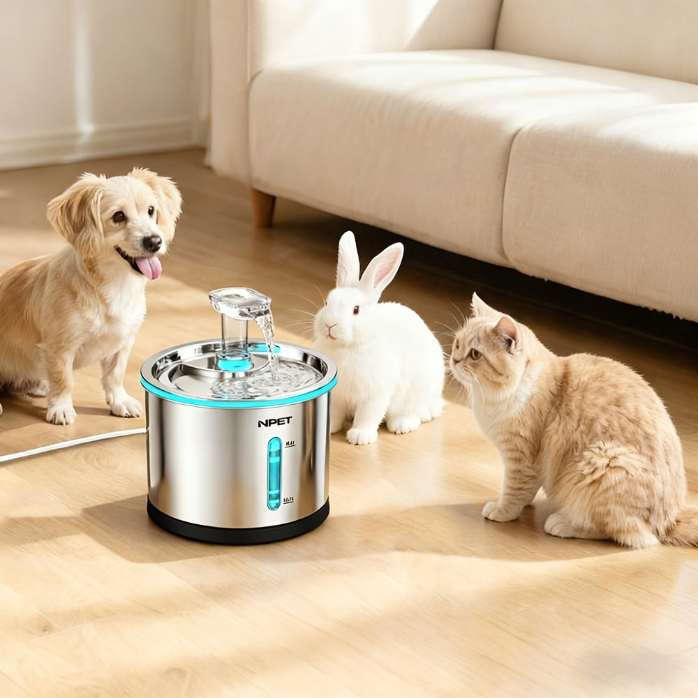 Stainless Steel Cat Water Fountain 50oz 1.5L, NPET WF210 Quiet Pet Drinking Dispenser with LED Water Level Window and Filter Bundle Options