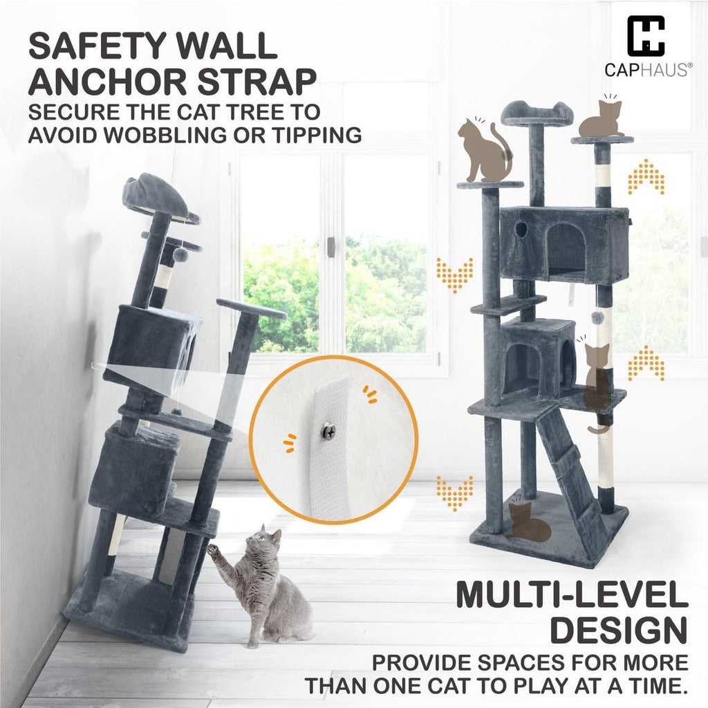 Cat Tree for Large Indoor Cats, 74 Inch Multi-Level Tower with Widened Perch, Sisal Scratching Posts, Tunnel, Basket, Condo and Wand Toy, Smoky Grey