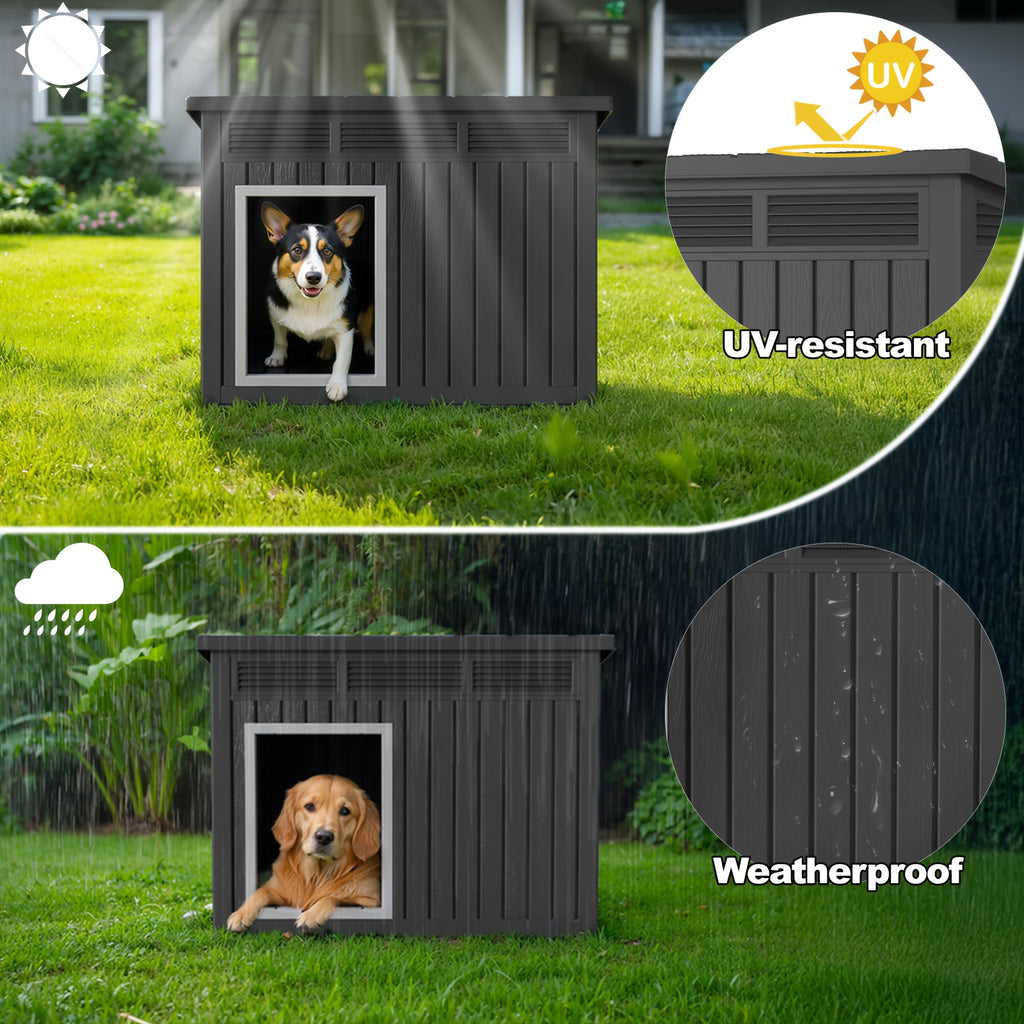 Large Plastic Dog House with Slanted Roof, UV-Resistant Outdoor Shelter with Ventilation, Black 42.87 x 32.95 x 31.61 Inches for Backyard Rest
