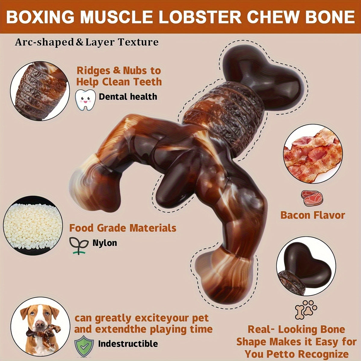 Bacon Flavored Nylon Dog Chew Toy, Lobster-Shaped Textured Bone for Medium and Large Dogs, Brown and Cream Supervised Chewing and Daily Play