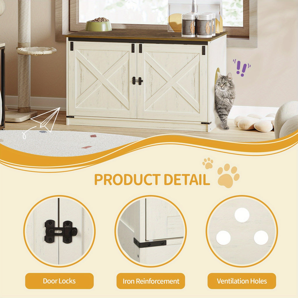 Hidden Litter Box Furniture with Barn Doors, Farmhouse Cat Cabinet with Reversible Entrance, Removable Divider and Ventilation Holes
