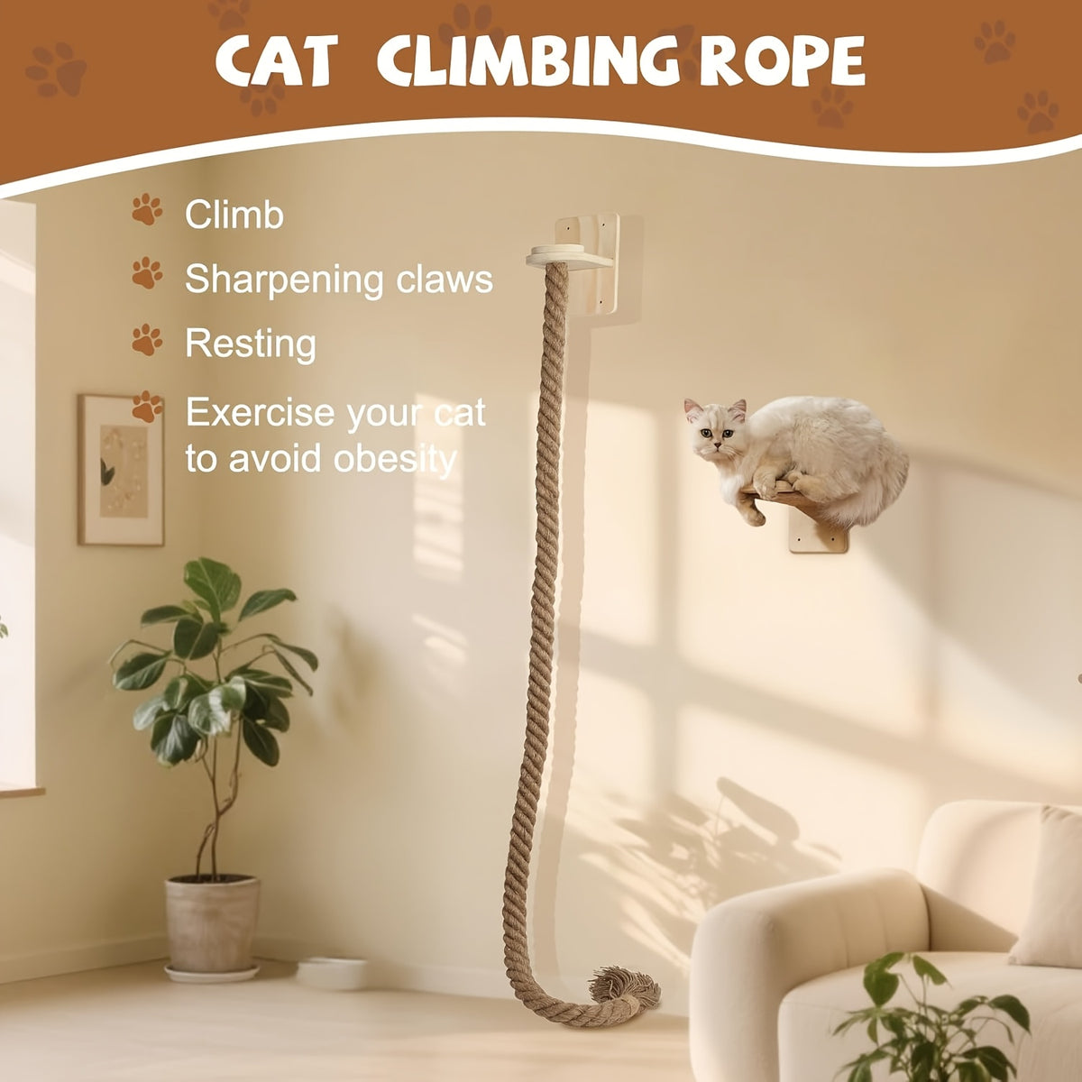 Cat Climbing Wall System with Thick Hemp Rope, 59.06 Inch Listed Set for Space-Saving Indoor Cat Furniture, Climbing, Resting and Play