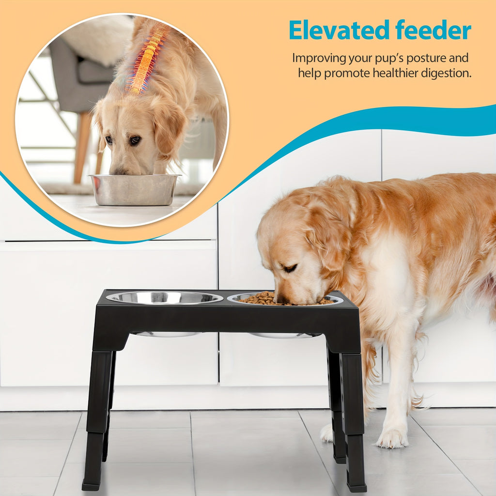 Five-Height Elevated Dog Bowls with 2 Stainless Steel Dishes, Foldable Raised Food and Water Stand from 3.15 to 12.2 Inches in Black or Gray