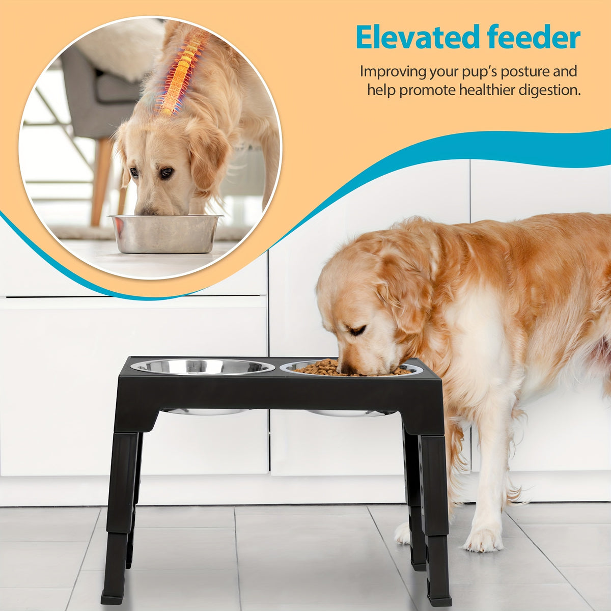 Five-Height Elevated Dog Bowls with 2 Stainless Steel Dishes, Foldable Raised Food and Water Stand from 3.15 to 12.2 Inches in Black or Gray
