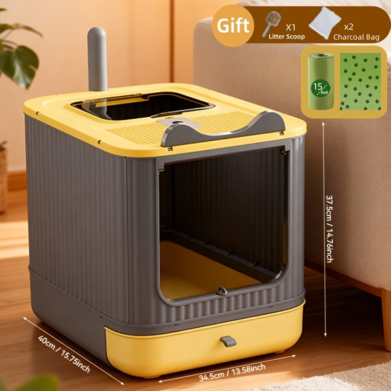 Enclosed Cat Litter Box with Foldable Design, Front Door and Top Opening, Covered Indoor Kitty Toilet in White, Pink or Yellow Options
