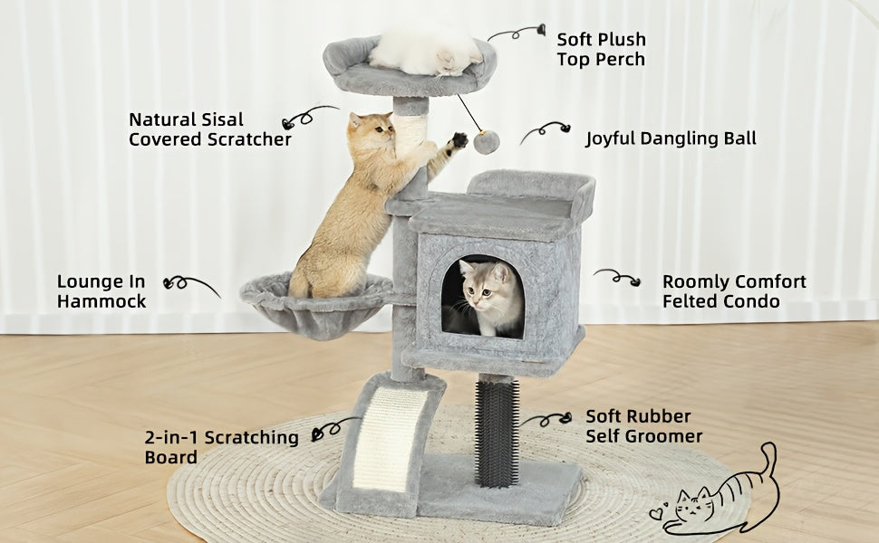 Cat Tree 36.6 Inch with Hammock and Plush Perch, Multi-Level Indoor Cat Climbing Tower with Sisal Scratching Post in Gray or Dark Gray