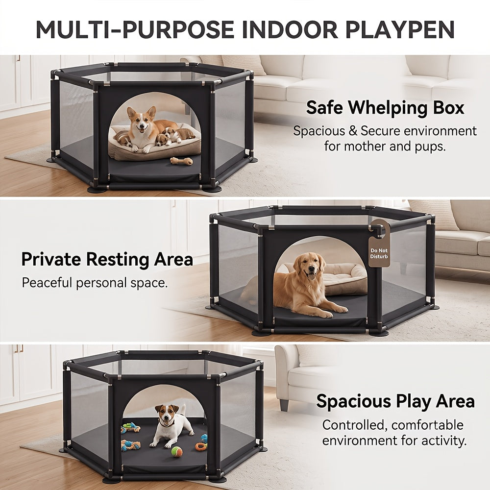 Fabric Dog Playpen with Door, Easy-Assembly Pet Enclosure in Gray or Black for Supervised Puppy Play, Daily Rest and Home Training Routines