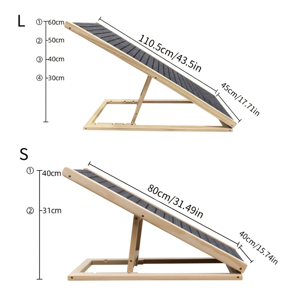 Adjustable Wooden Dog Ramp for Couch and Bed Access, Folding Pet Ramp with Textured Walking Surface for Dogs and Cats, S and L Options