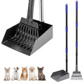 Dog Pooper Scooper Tray and Rake Set, Stainless Steel Pet Waste Removal Tools with Adjustable Handles for Everyday Yard Cleanup
