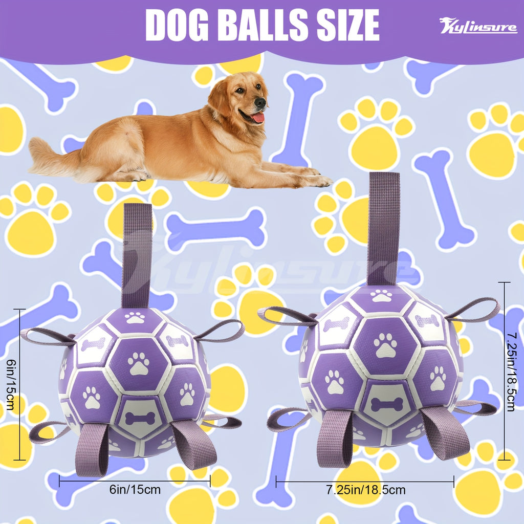 Dog Fetch Ball with Grab Straps, Purple and Gray Paw and Bone Soccer-Style Toy with Pump for Supervised Tug Games, Outdoor Play and Dog Birthday Gifts