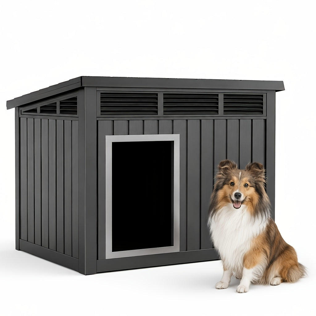 Resin Dog House 33 Inch with Slanted Roof and Ventilation Openings, UV-Resistant Outdoor Pet Shelter in Black or Grey for Backyard Rest