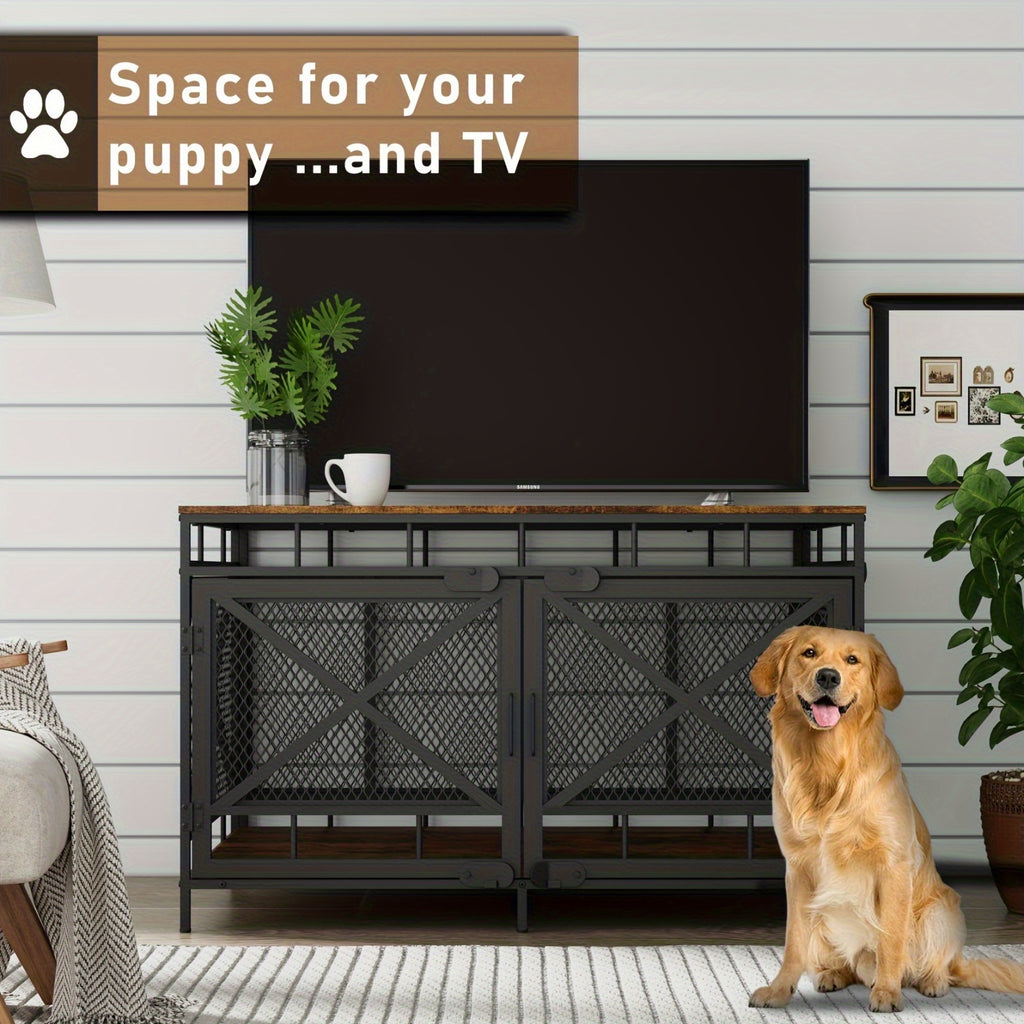Dog Crate Furniture with Wooden Top, Heavy Duty Corner Dog Kennel with Double Doors and High-Density Metal Mesh, Indoor End Table Crate for Medium and Large Dogs, Vintage