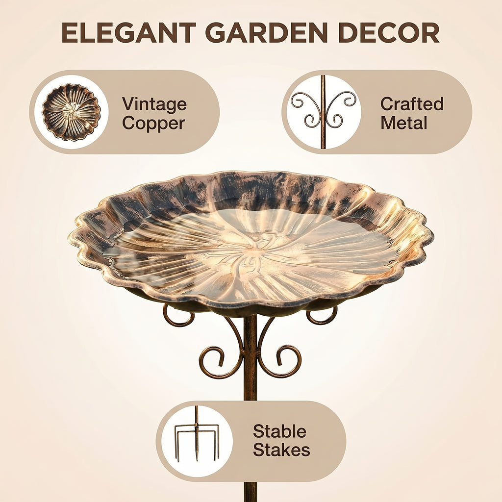 Garden Bird Bath with Ground Stake, 30.31-Inch Retro Metal Birdbath with Scalloped 10-Inch Basin, Copper or Bronze Color for Outdoor Yards