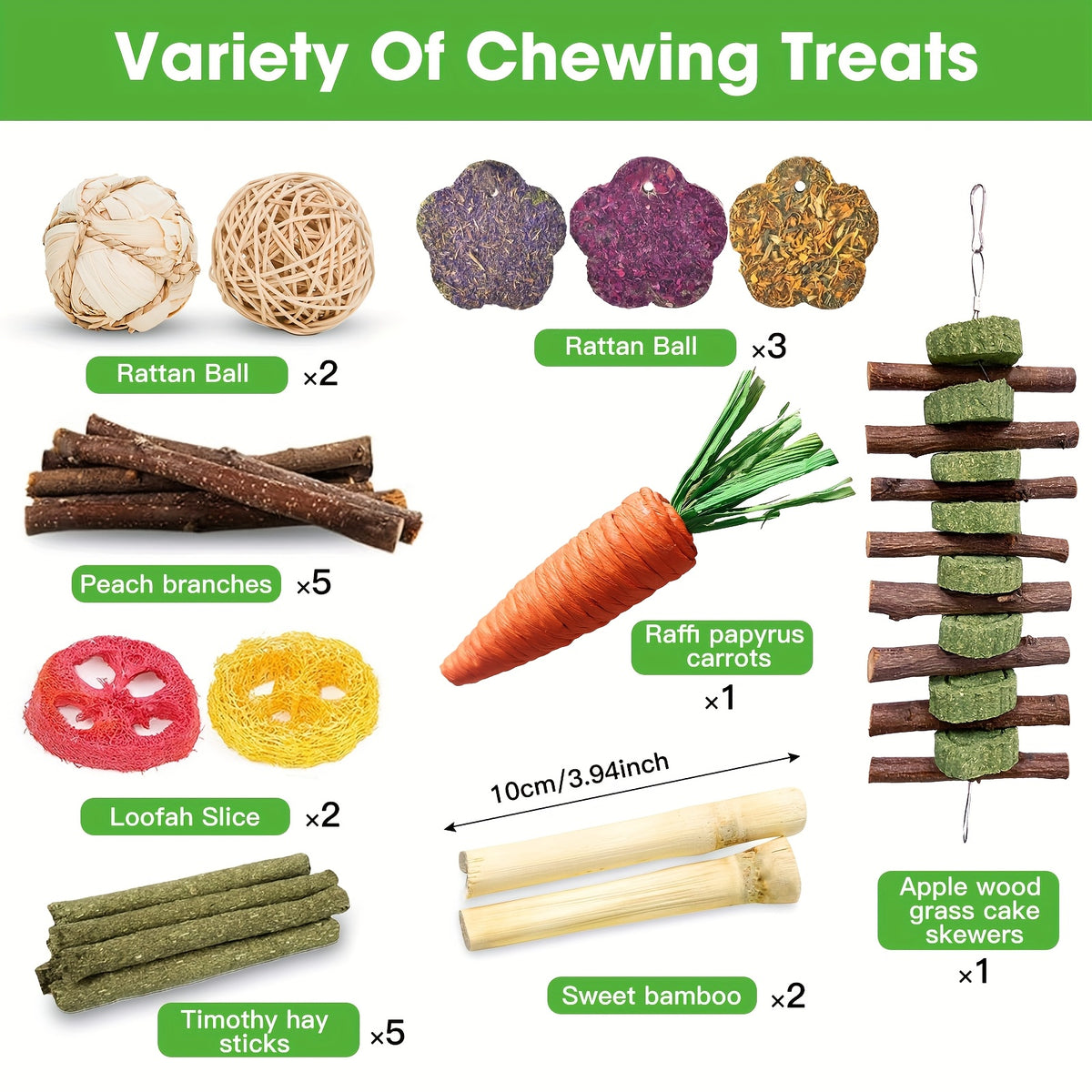 Timothy Hay Treats Variety Pack for Rabbits, Guinea Pigs and Hamsters, 21 Assorted Hay Sticks and Cakes with Carrot and Strawberry Styles
