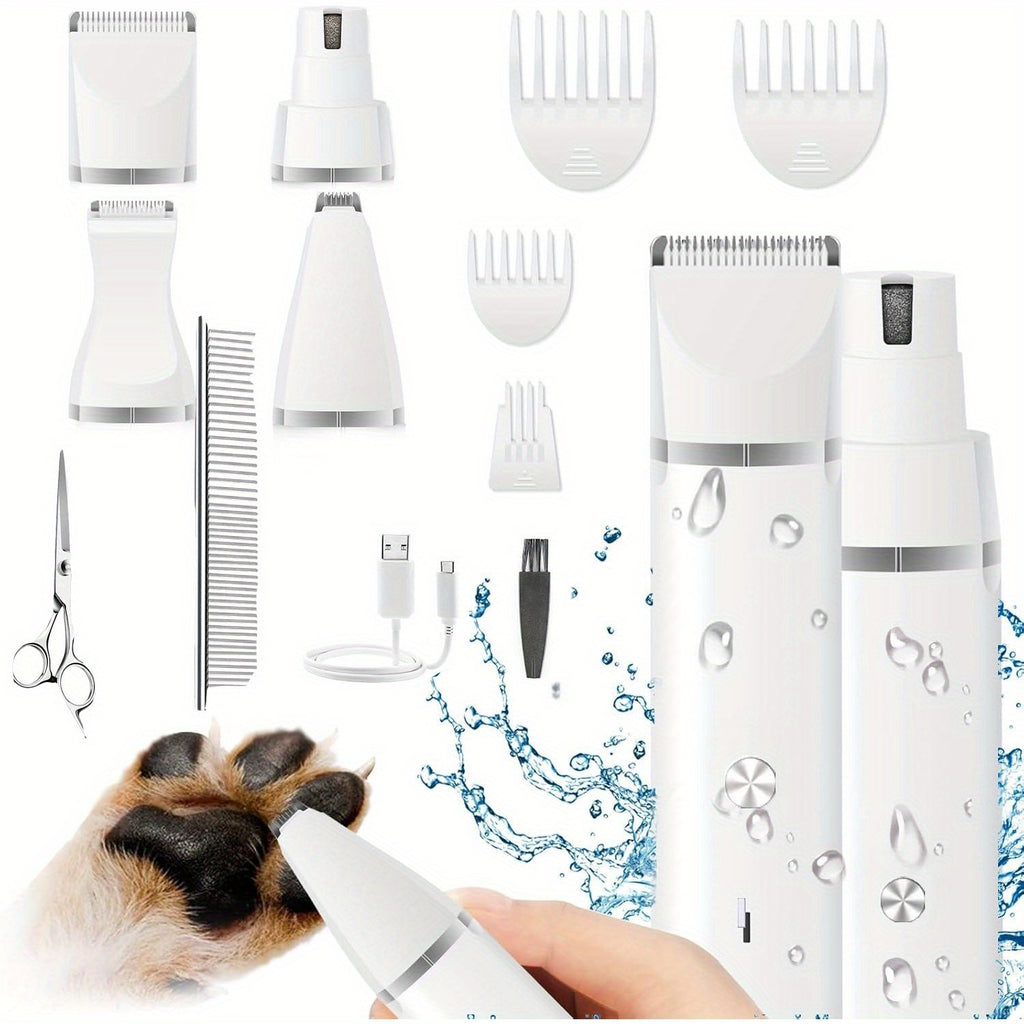 Dog Paw Trimmer and Nail Grinder Set, Rechargeable Cordless Low-Noise Pet Hair Clippers with Interchangeable Heads for Cats and Dogs