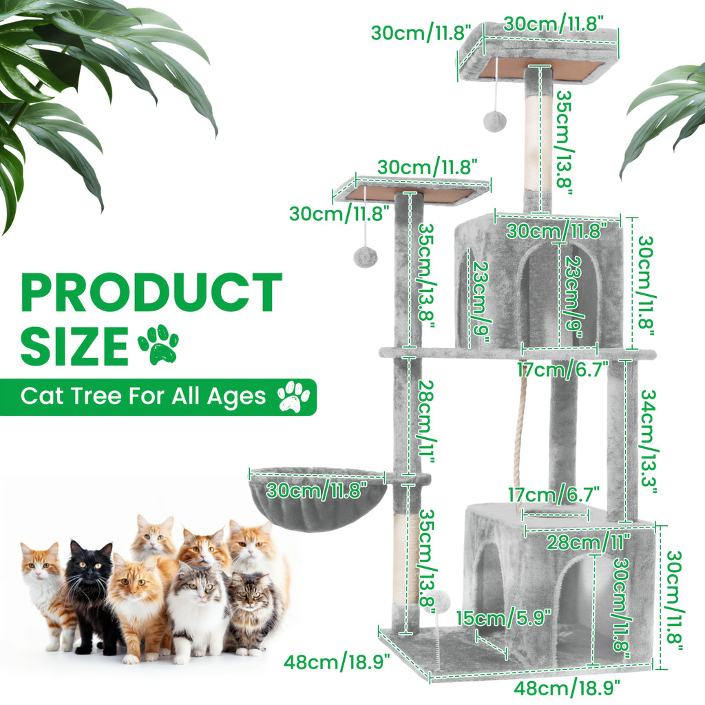 Cat Tree Tower with Condos and Hammock, TSCOMON Indoor Cat Furniture with Sisal Scratching Posts, Top Perches and Pompom Toys for Play and Rest