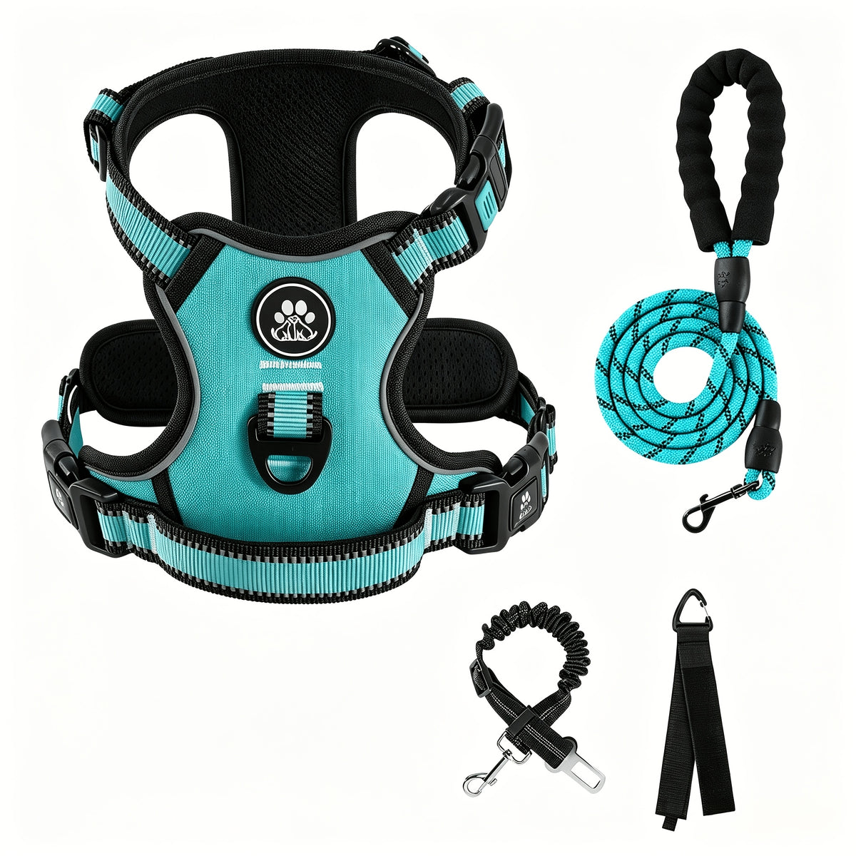 No Pull Dog Harness Set with Three-Buckle Open-Neck Design, Reflective Adjustable Vest, Padded Handle, Leash and Seat Belt, XS-XL