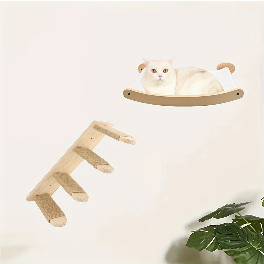 Cat Wall Hammock and Steps Set, Wall-Mounted Four-Step Sisal Climbing Furniture with Modern Hammock or Corner Perch Options for Indoor Cats