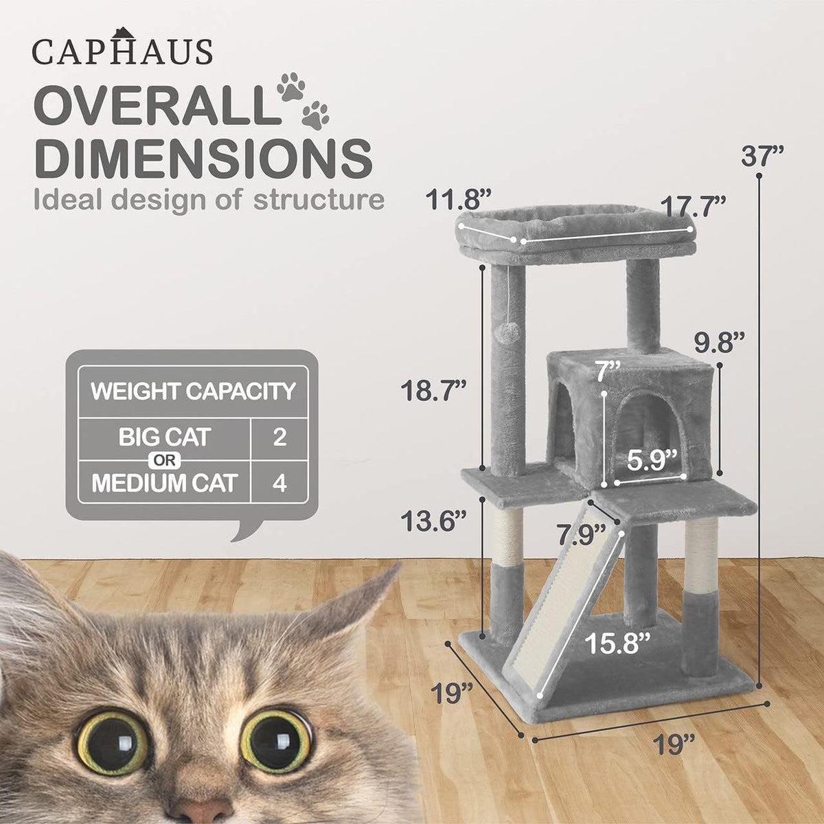 Cat Tree with Scratching Ramp, 37 Inch Indoor Cat Tower with Widened Padded Perch, Sisal Posts, Hammock and Cozy Condo for Cats and Kittens