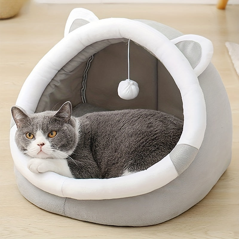 Hooded Cat Cave Bed with Hanging Pom-Pom Toy, Gray Cat-Ear Indoor Sleeping House in Medium Size for Kittens and Cats to Curl Up and Rest