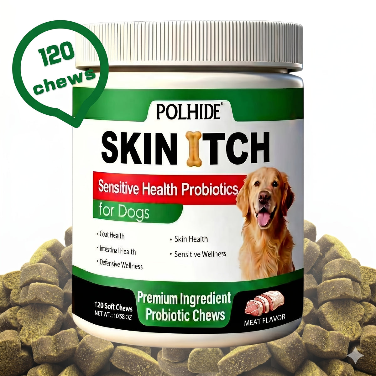 Yeast Probiotic Chews for Dogs, 120 Count Meat Flavor Soft Chews in One Bottle for Everyday Canine Supplement and Wellness Routines