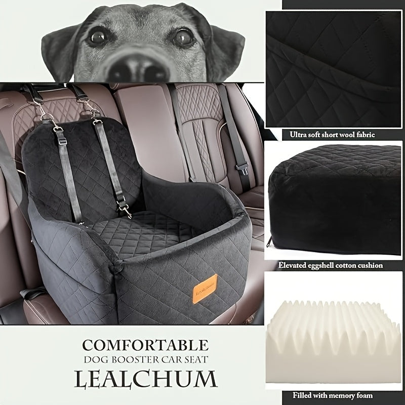 Plush Dog Car Seat with Memory Foam Cushion, Cozy Pet Travel Seat for Dogs and Cats with Side Storage Pockets and 3 Clip-On Leashes