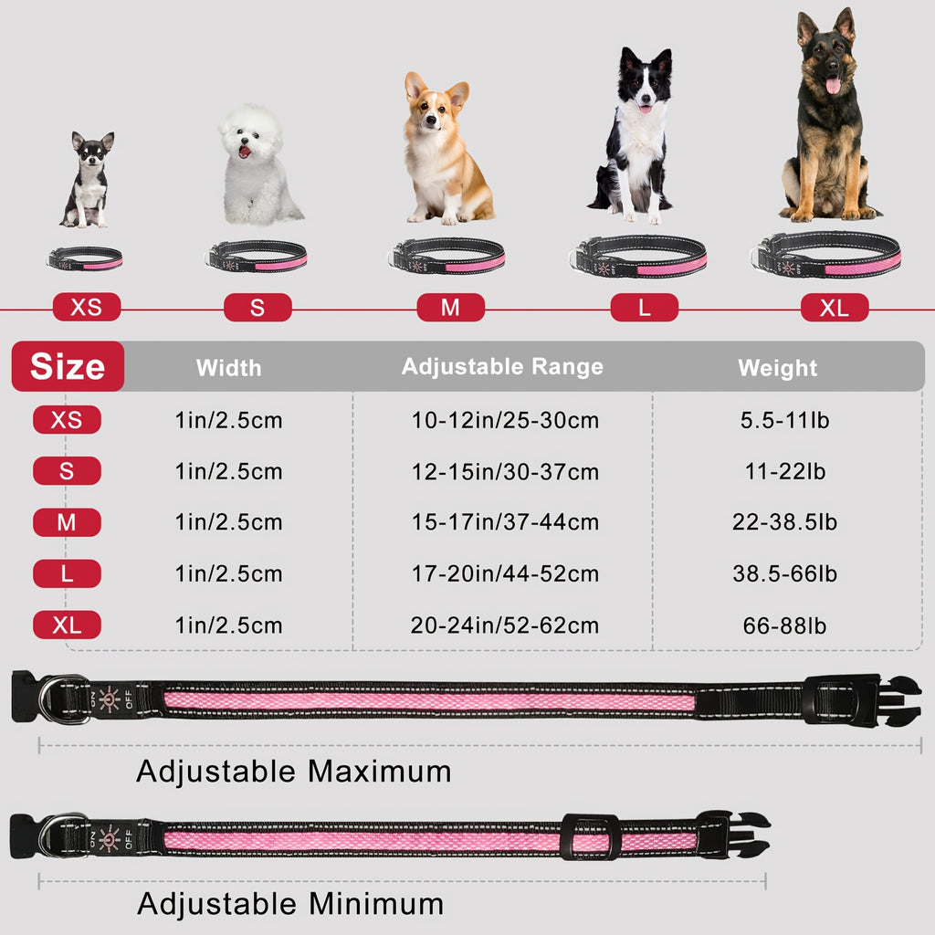 LED Dog Collar with Soft Mesh Design, USB Rechargeable Adjustable Light Up Collar for Small Medium Large Dogs, Evening Walks, XS-XL