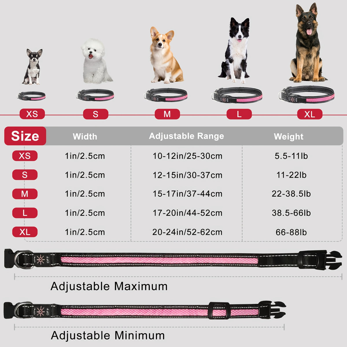 LED Dog Collar with Soft Mesh Design, USB Rechargeable Adjustable Light Up Collar for Small Medium Large Dogs, Evening Walks, XS-XL