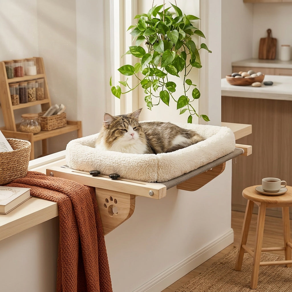 Cat Window Hammock with Paw Print Pattern, Adjustable Frame Indoor Cat Bed for Compatible Windowsills, Beds and Cabinets, Everyday Lounging Perch