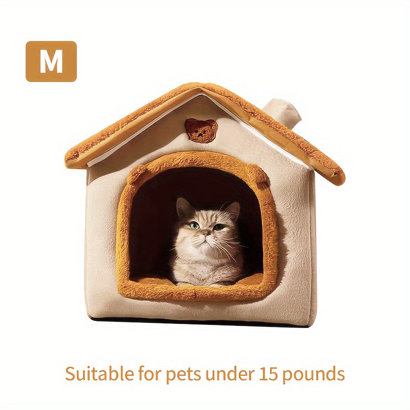 Cat House Bed with Cabin-Style Roof, Detachable Washable Oxford Fabric Pet Hideaway in Three Sizes for Indoor Cats and Small Dogs