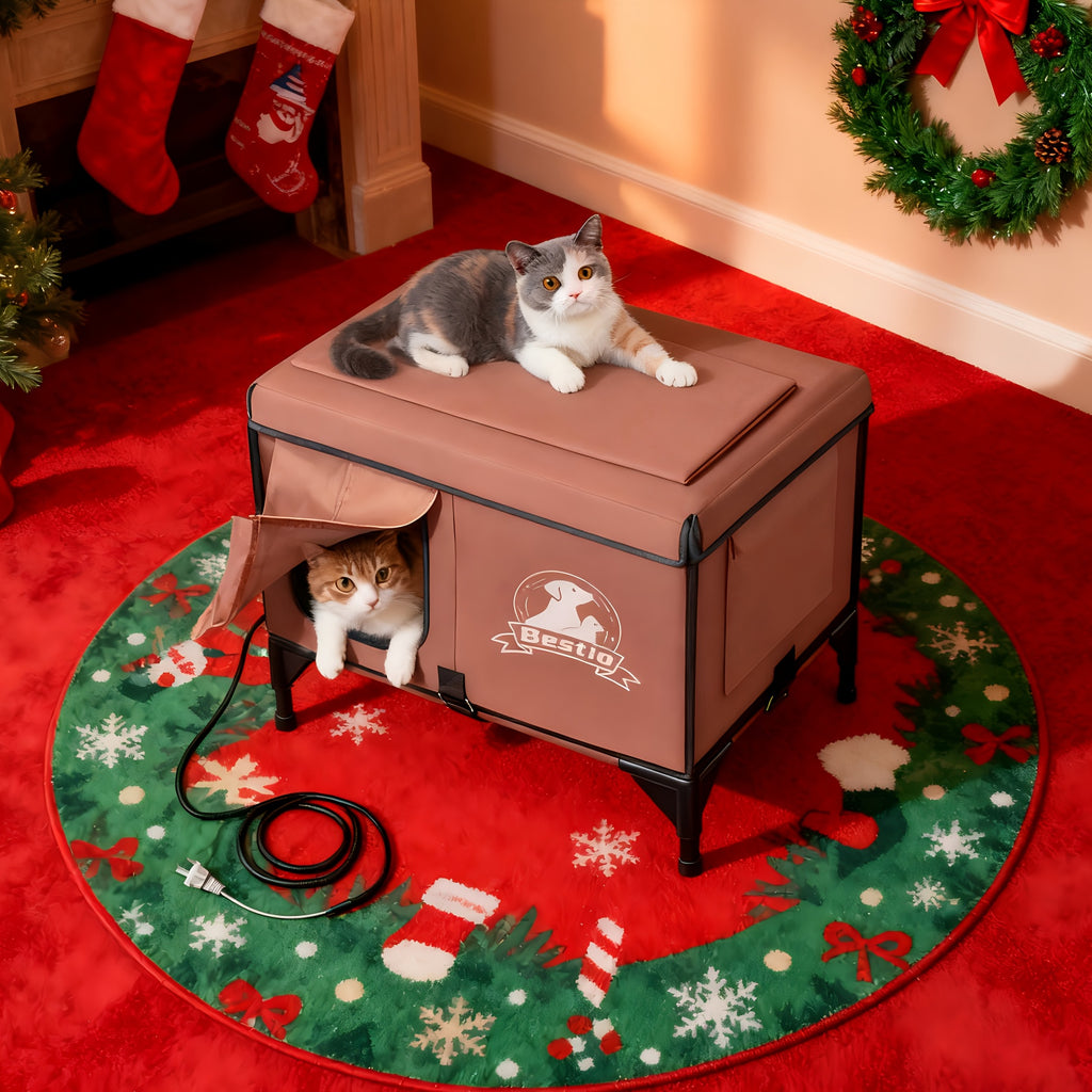 3-in-1 Heated Cat House with Detachable Heating Pad and Elevated Bed, Dual-Entry Cat Shelter in Brown, Camouflage and Roof Style Options