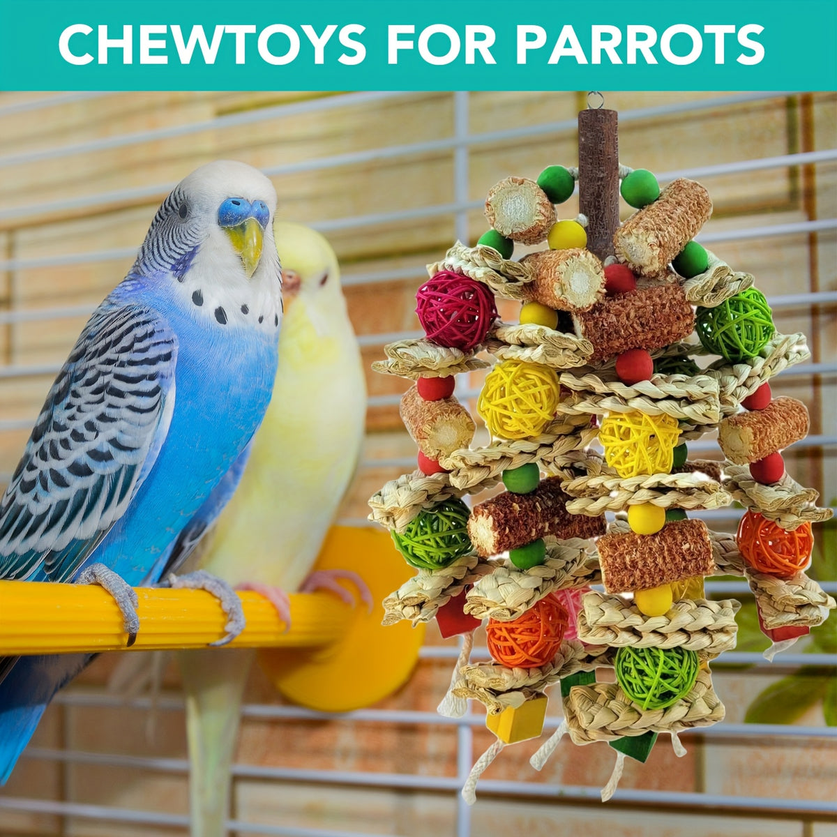 Bird Chew Toys with Natural Corn Cobs, Wooden Blocks and Rattan Balls for Parrot Enrichment, Supervised Cage and Aviary Play, 400g Option