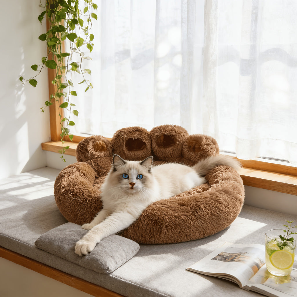 Bear Paw Pet Sofa Bed for Dogs and Cats, Soft Faux Plush Sleeping Nest with Raised Edges in Pink, Grey or Hazelnut, Four Sizes from 55 to 85 cm