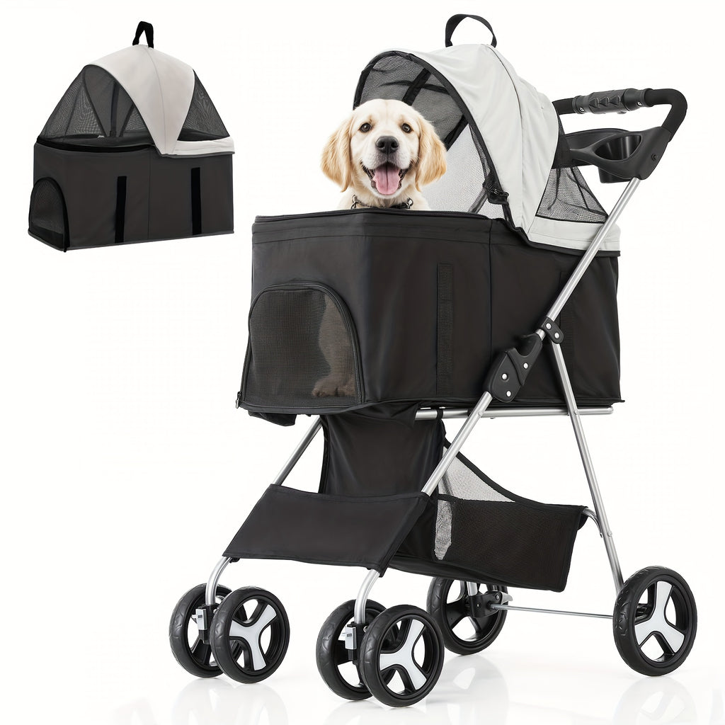 Dog Stroller for Pets up to 33 lbs, 3-in-1 Foldable Pushchair with Detachable Carrier, Car Seat Mode, Push-Button Entry and Mesh Canopy