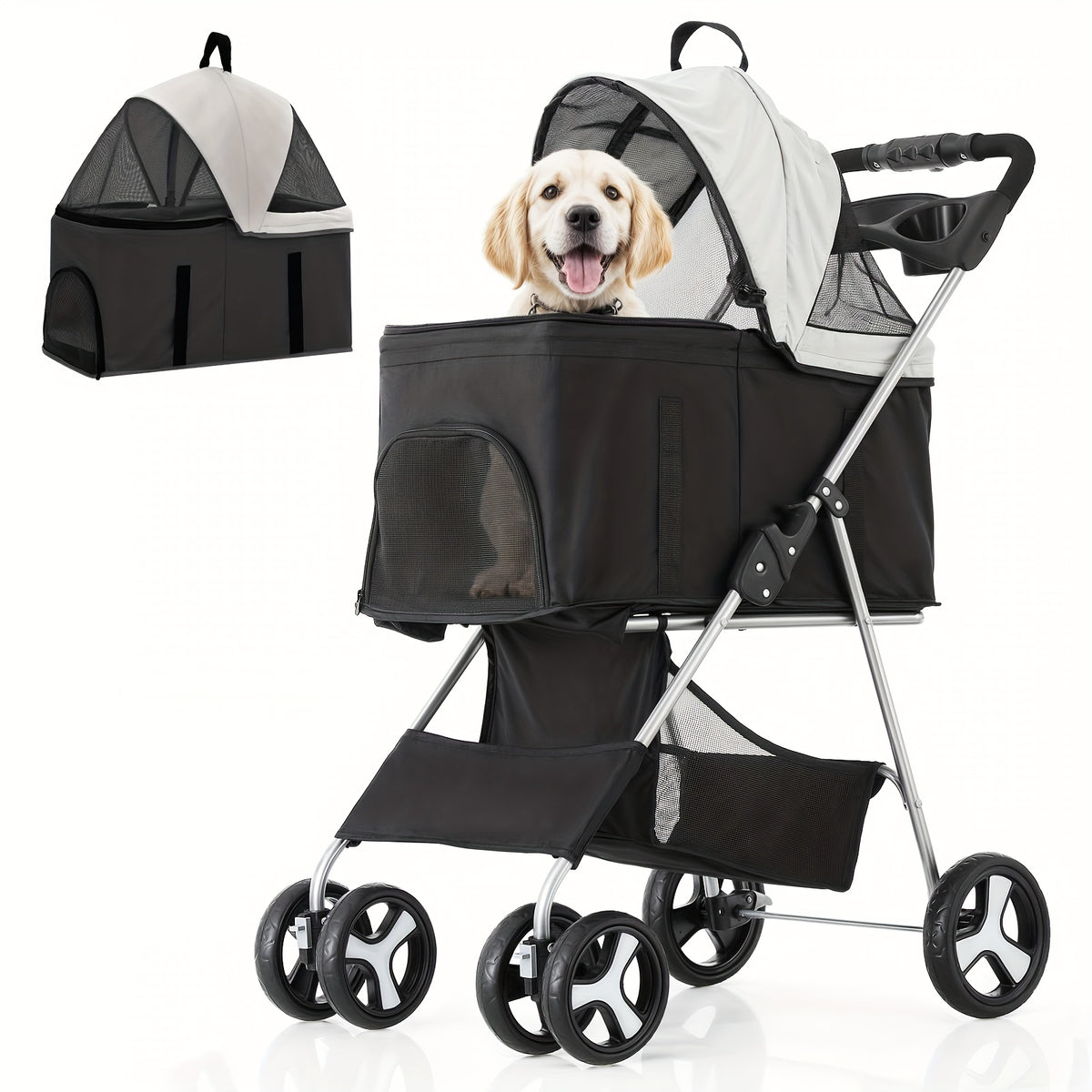 Dog Stroller for Pets up to 33 lbs, 3-in-1 Foldable Pushchair with Detachable Carrier, Car Seat Mode, Push-Button Entry and Mesh Canopy