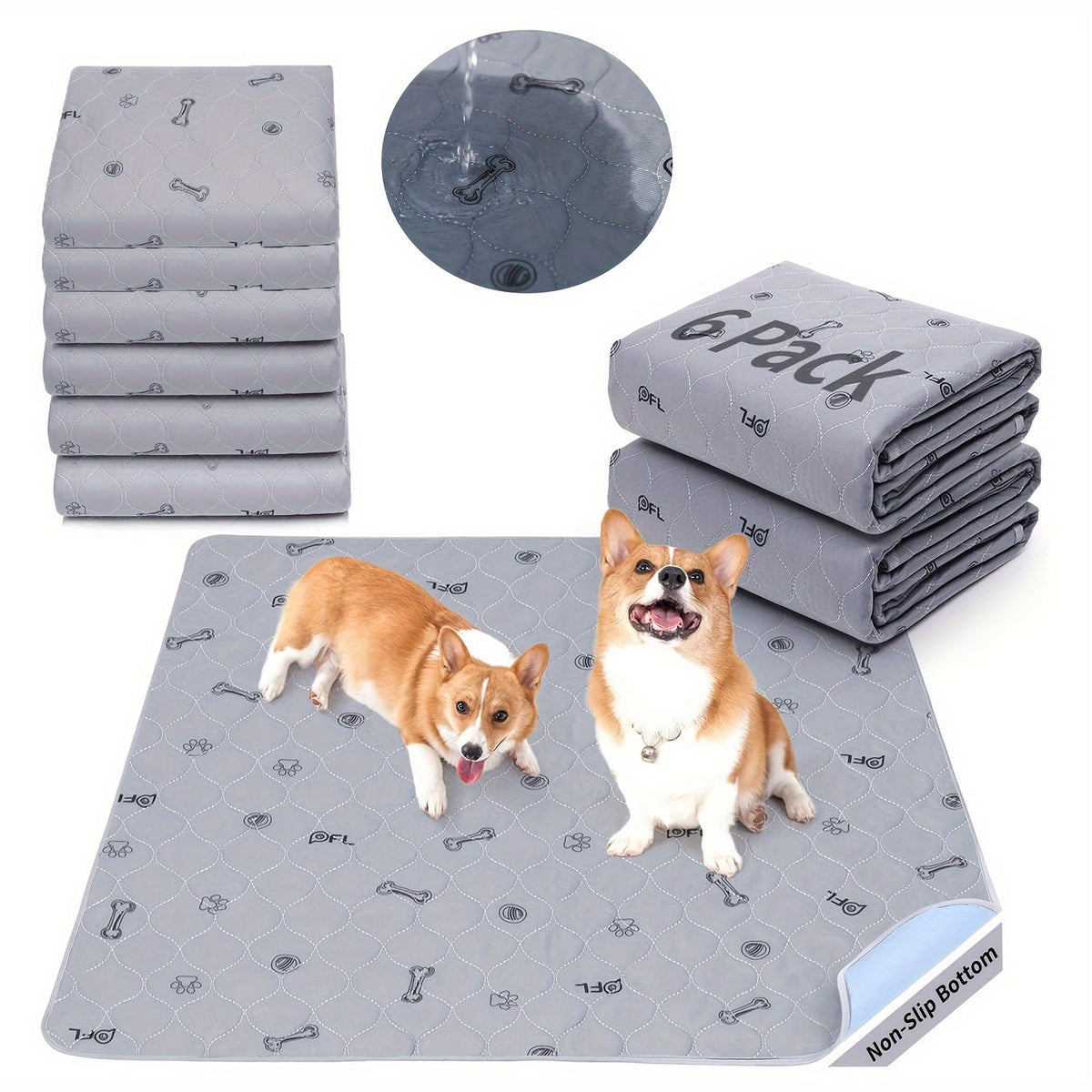 Washable Puppy Training Pads in 24 x 16 or 36 x 41 Inches, Reusable Four-Layer Non-Slip Dog Pee Mats with Size-Specific 2 or 6 Pack Options