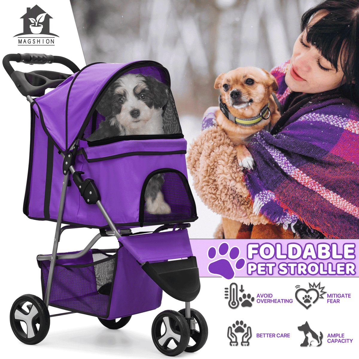 Pet Stroller with Storage Basket and Cup Holder, Magshion Three-Wheel Foldable Pushchair for Small and Medium Dogs and Cats, 14 Color and Pattern Options
