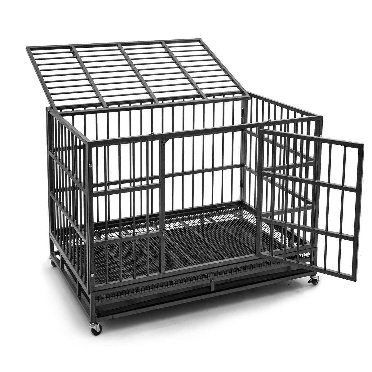 Heavy Duty Dog Crate with Top Opening, Black Steel Kennel in 42 or 48 Inch Models with Front Door, Lockable Wheels and Removable Cleaning Tray