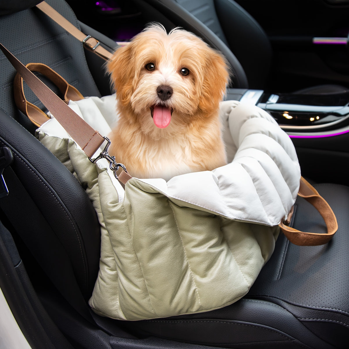 Small Dog Car Seat and Travel Tote for Dogs up to 10 lbs, Soft Fleece Interior Pet Carrier and Indoor Outdoor Bed in Eucalyptus Green