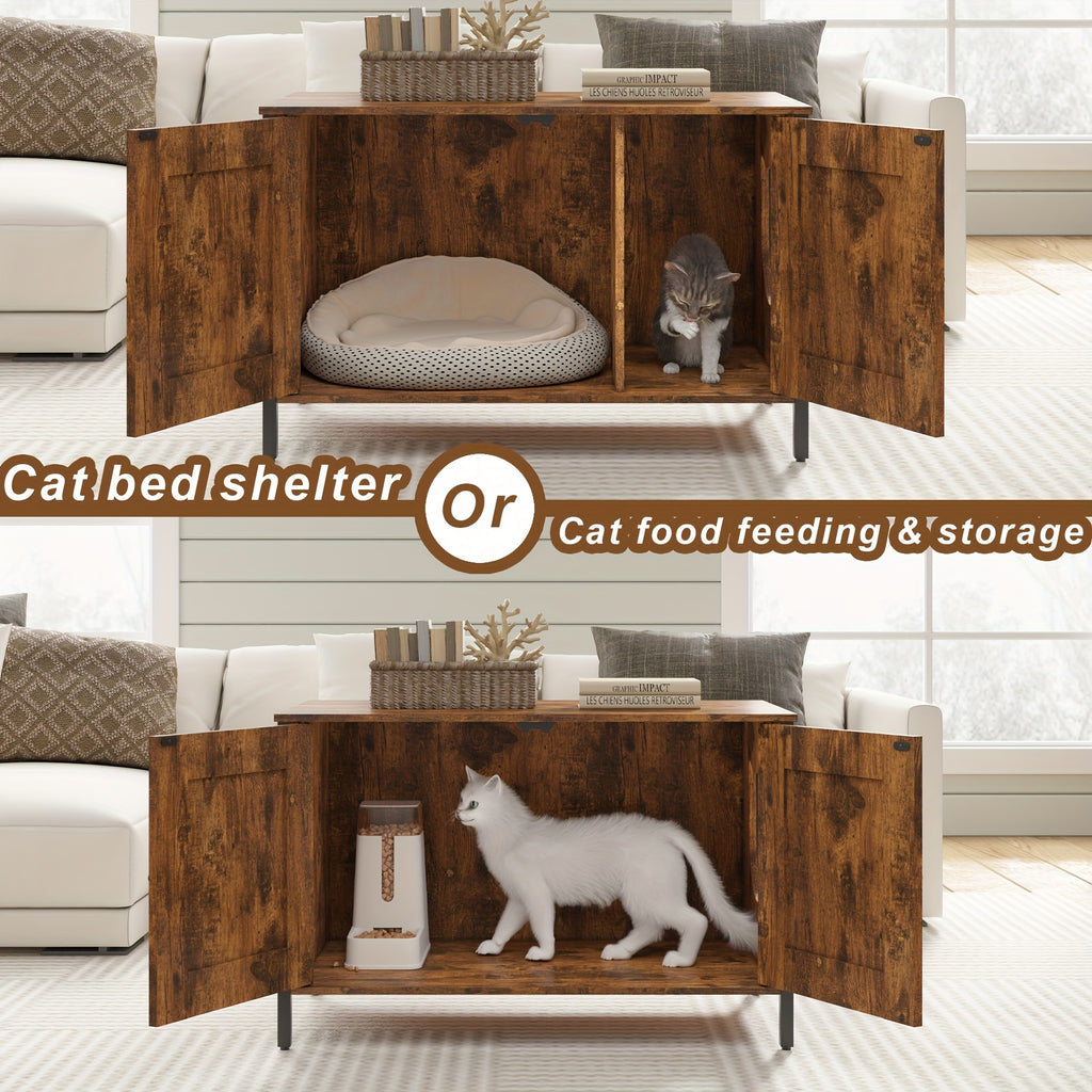Cat Litter Box Enclosure with Removable Divider, Retro Brown Hidden Litter Furniture and Cat Hideout End Table for Pet Supply Storage