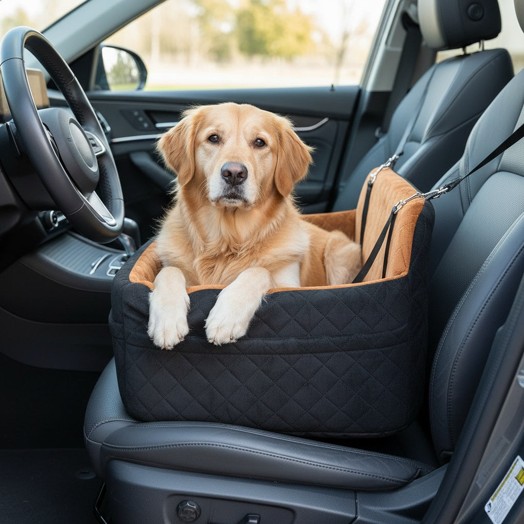 Dog Car Seat with Seat Belt Pass-Through, Memory Foam Pet Travel Bed with Removable Washable Design and Adjustable Straps in Medium and Large Options