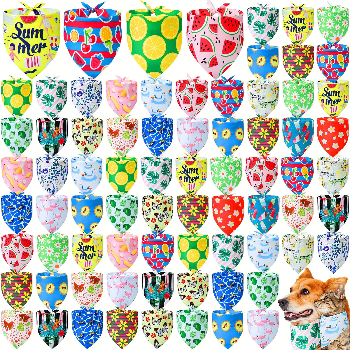 Summer Dog Bandanas 100-Pack with Flower and Lemon Themes, Adjustable Triangle Pet Scarves for Small and Medium Dogs, Puppies and Cats