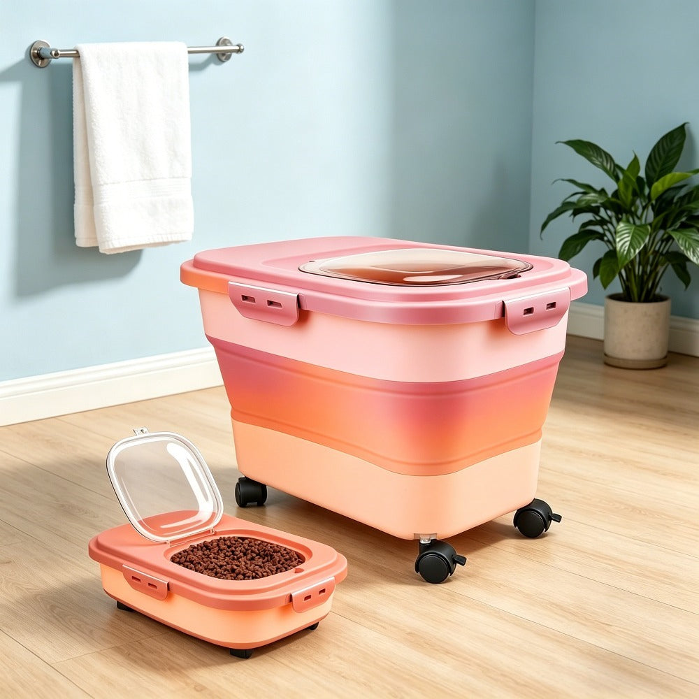 Pet Food Storage Container with Foldable Design, 5–30 lb Dog and Cat Food Bin with Airtight Lid and Wheels for Everyday Pantry Organization